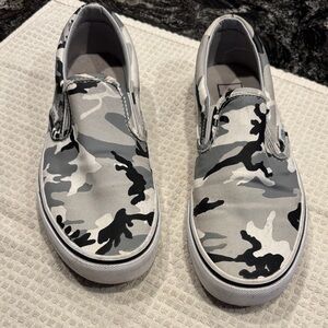 Vans Black and White Camouflage Slip-Ons